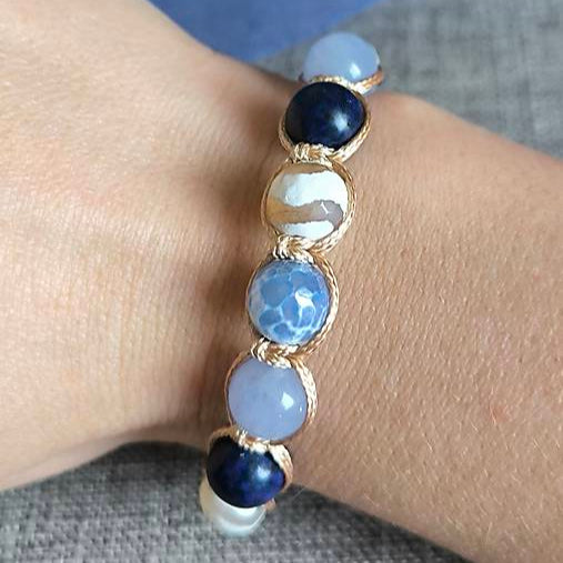 Ocean depths - Náramok z minerálov (Lapis Lazuli, Akvamarín, Achát)