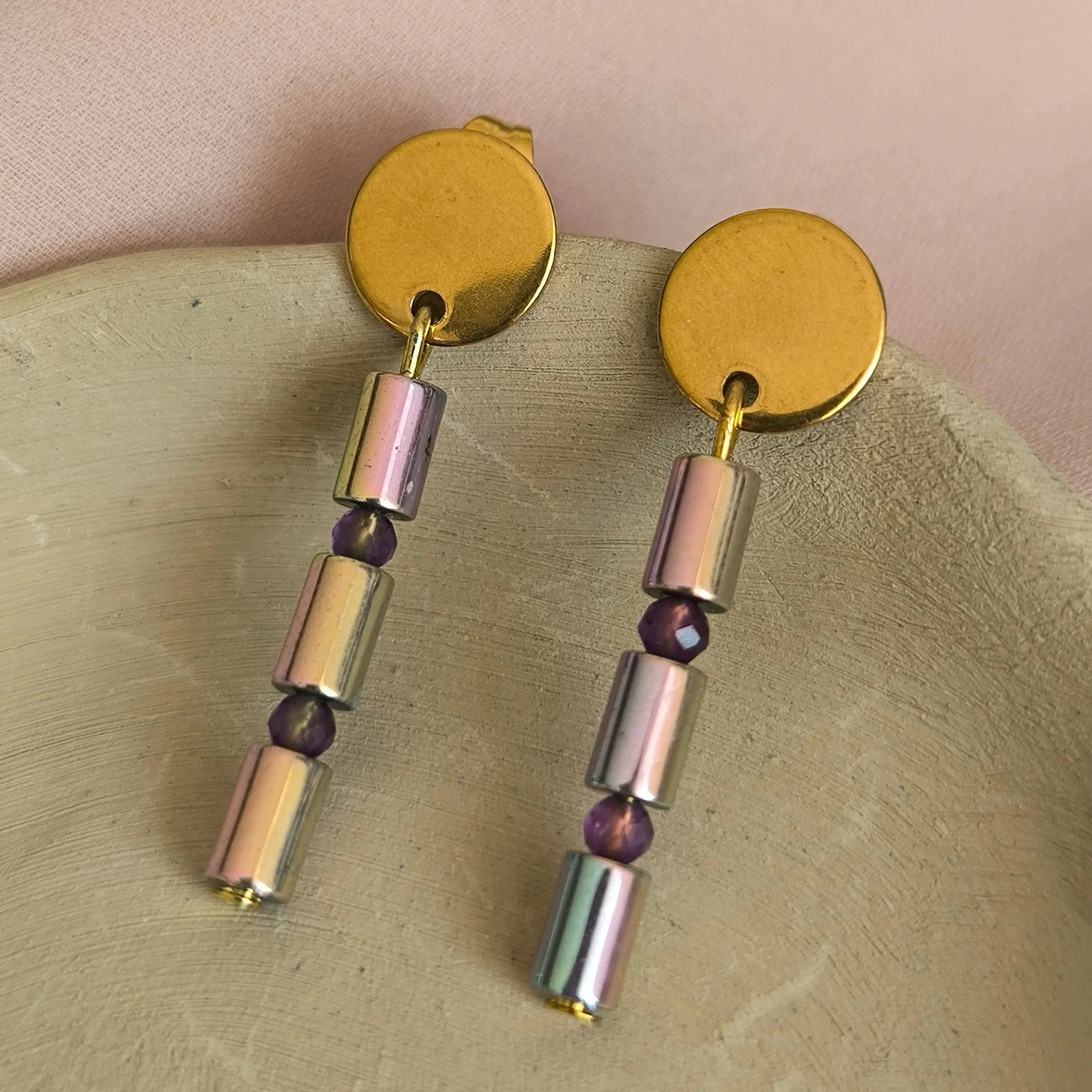 Mineral earrings (Hematite, Amethyst) - Marole