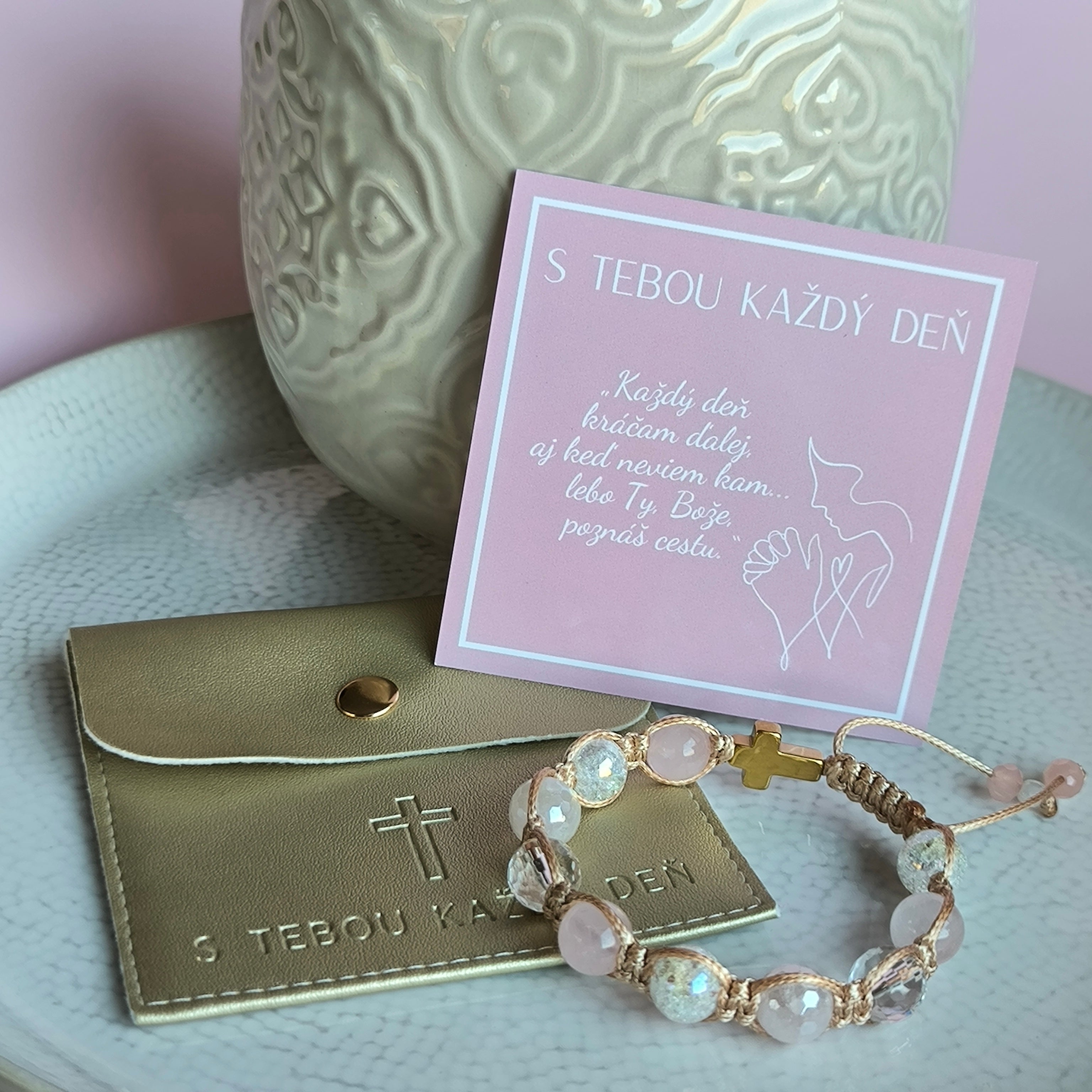 Różaniec damski na rękę (kwarc różowy, kryształ, hematyt)