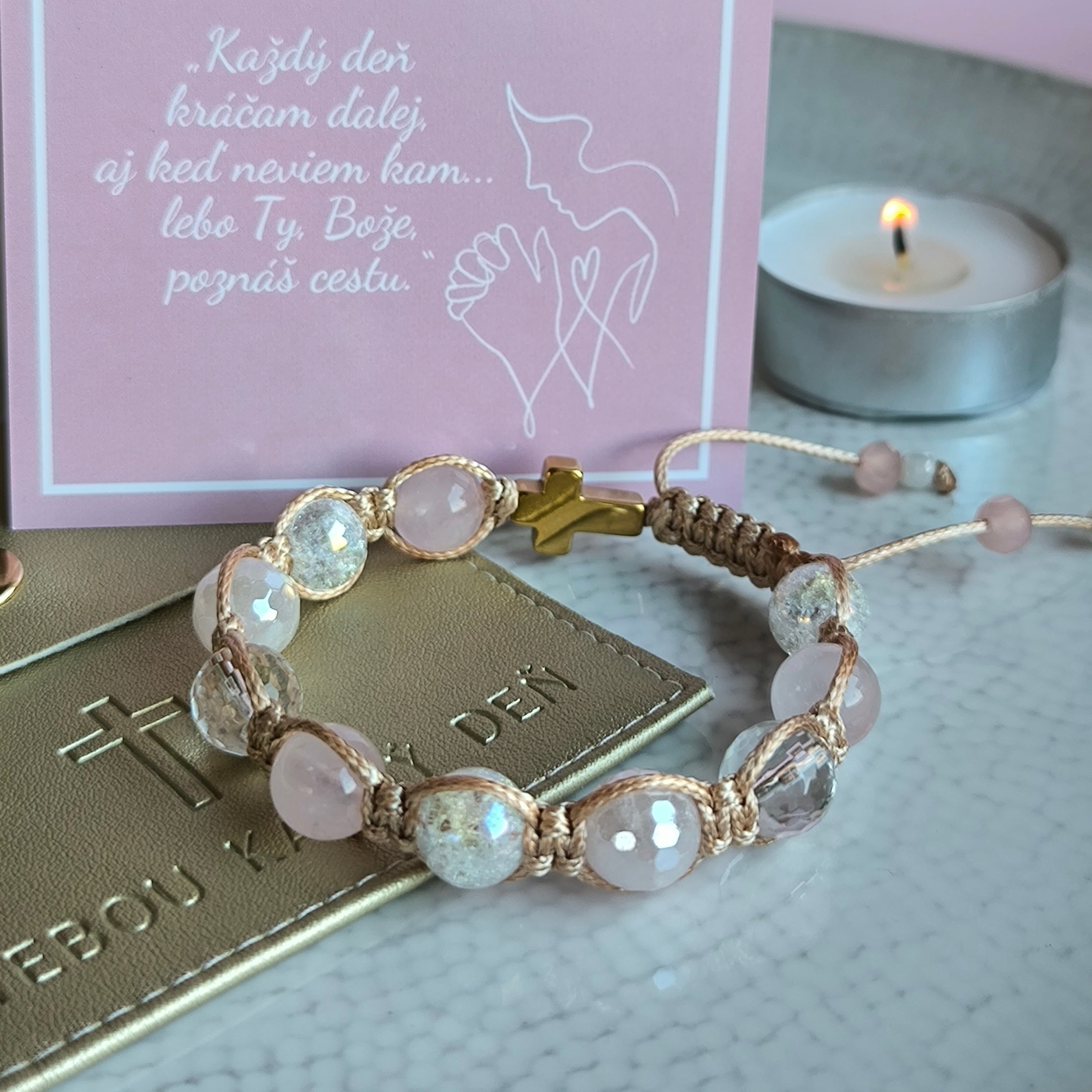 Różaniec damski na rękę (kwarc różowy, kryształ, hematyt)