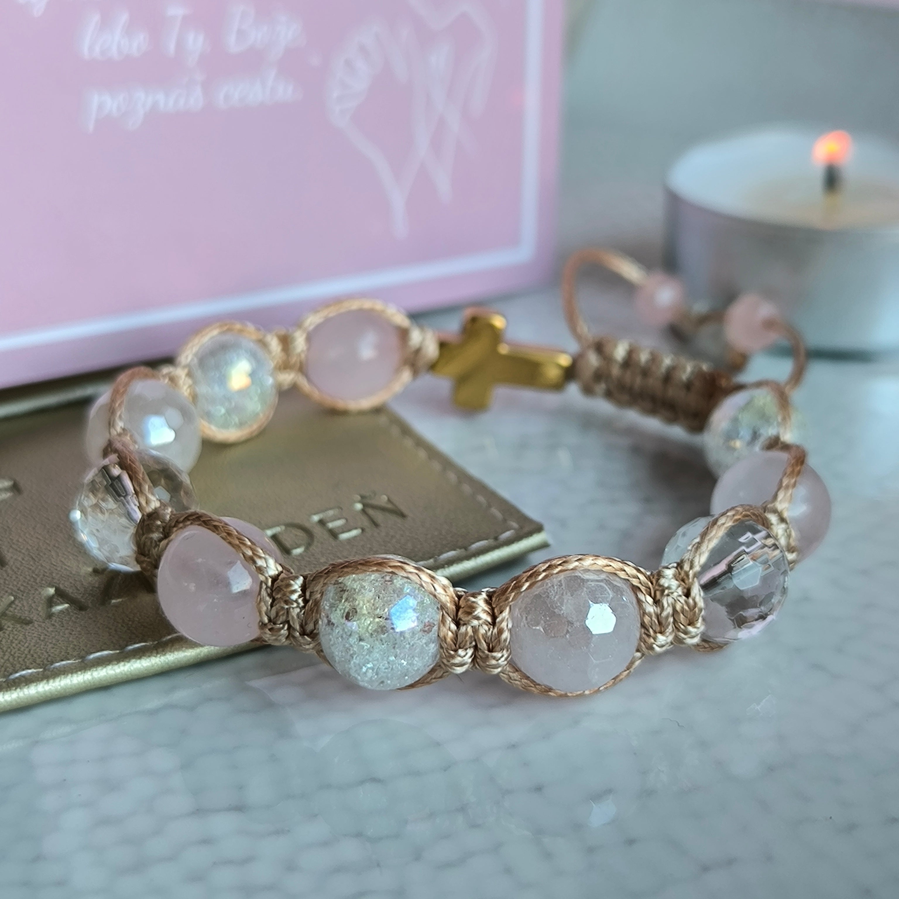 Różaniec damski na rękę (kwarc różowy, kryształ, hematyt)