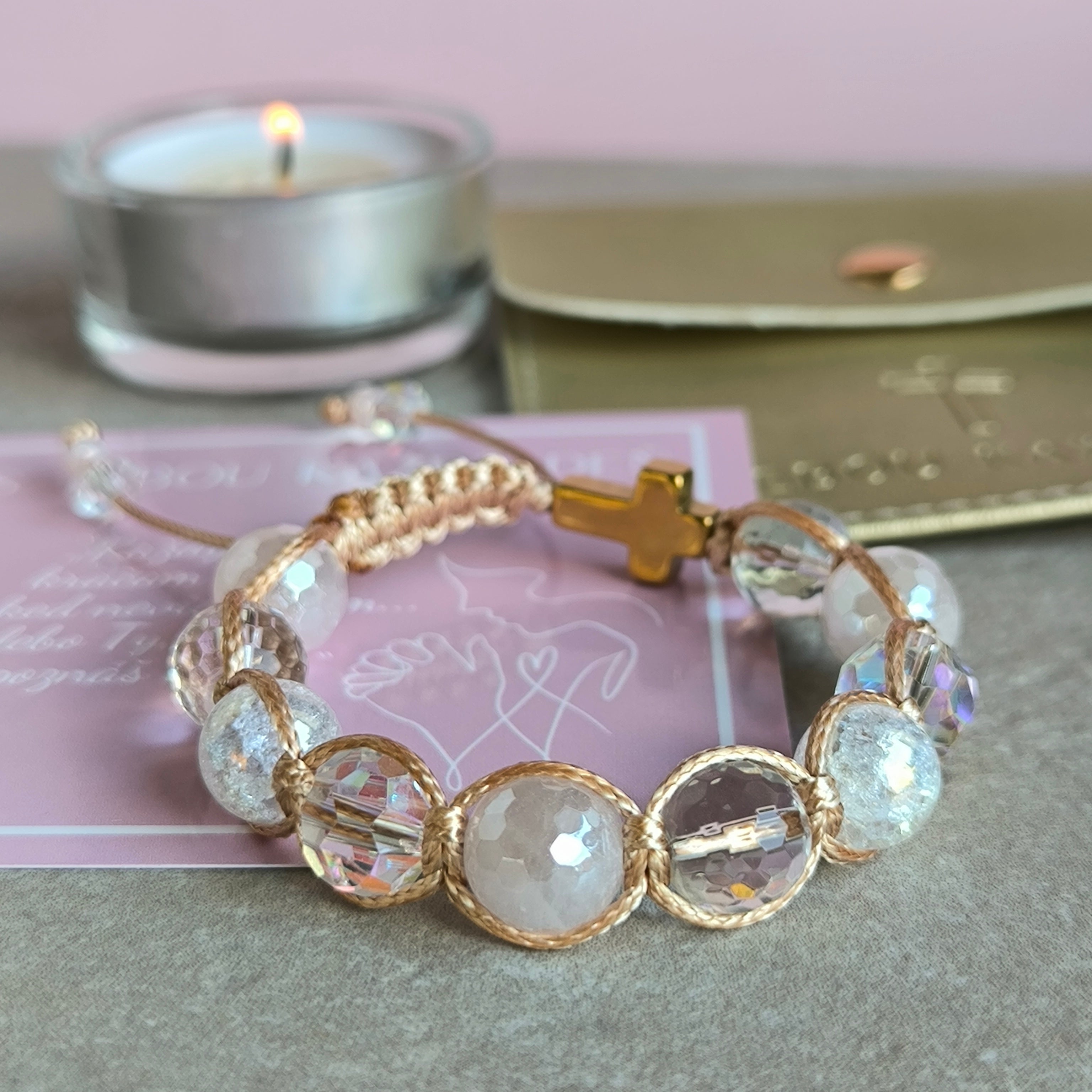 Różaniec dla dziewczynki (kwarc różowy, kryształ, hematyt)