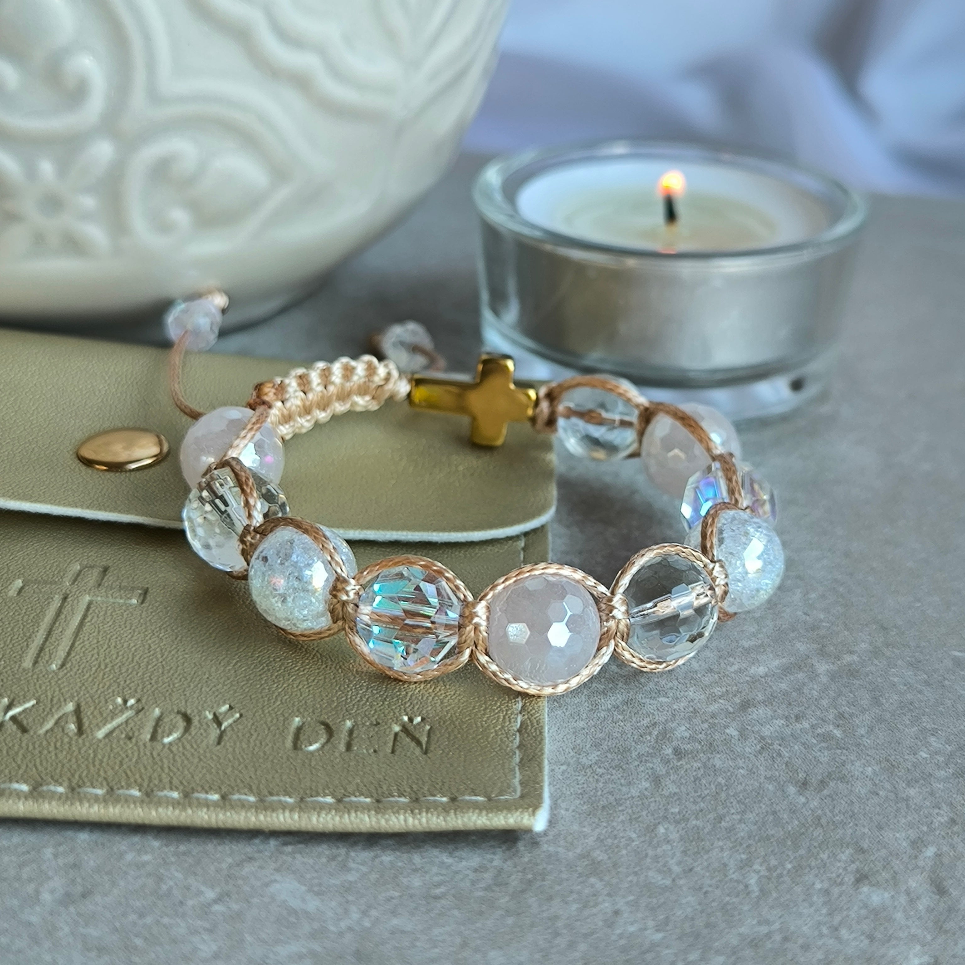 Różaniec dla dziewczynki (kwarc różowy, kryształ, hematyt)