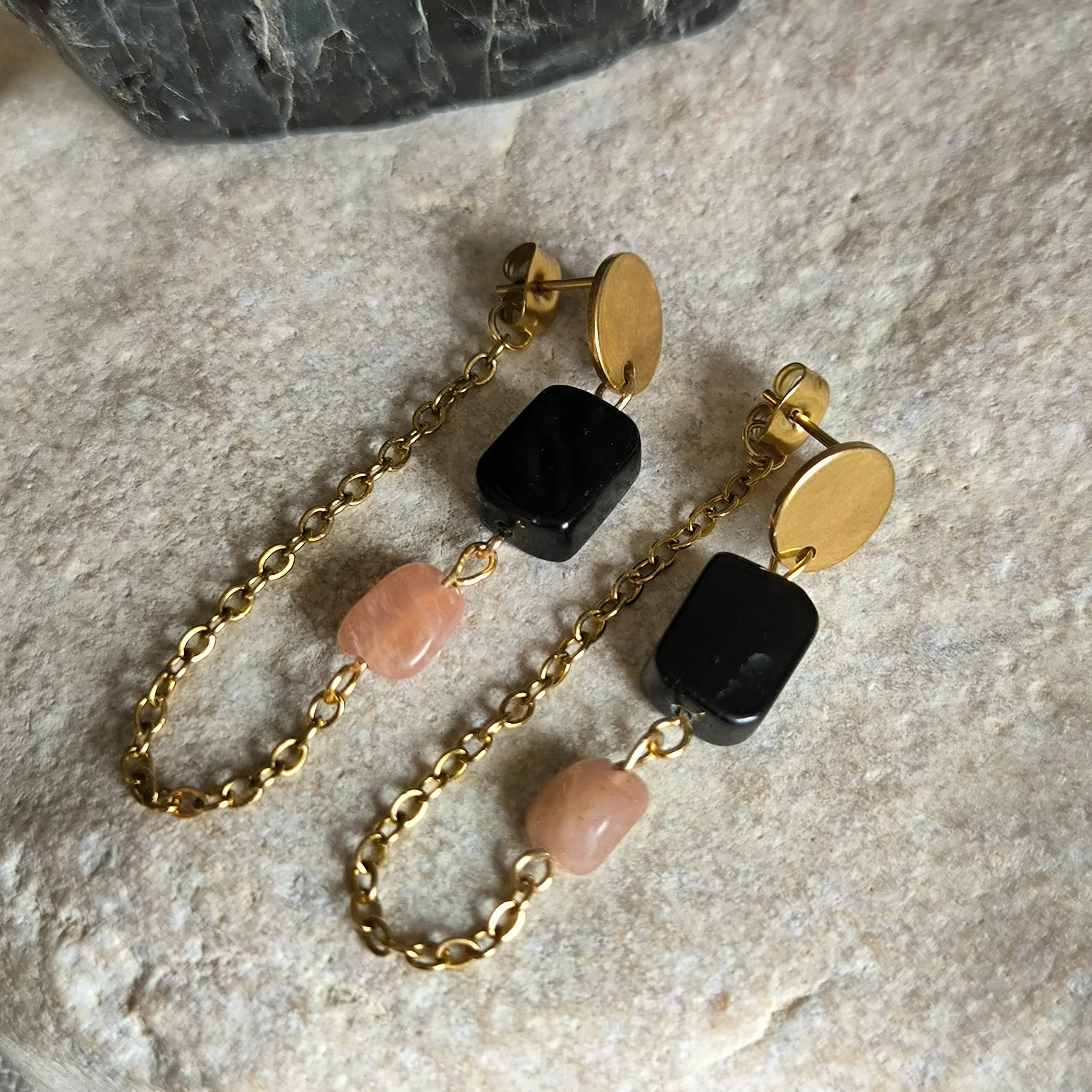 Mineral Earrings (Obsidian, Sunstone) - Marole