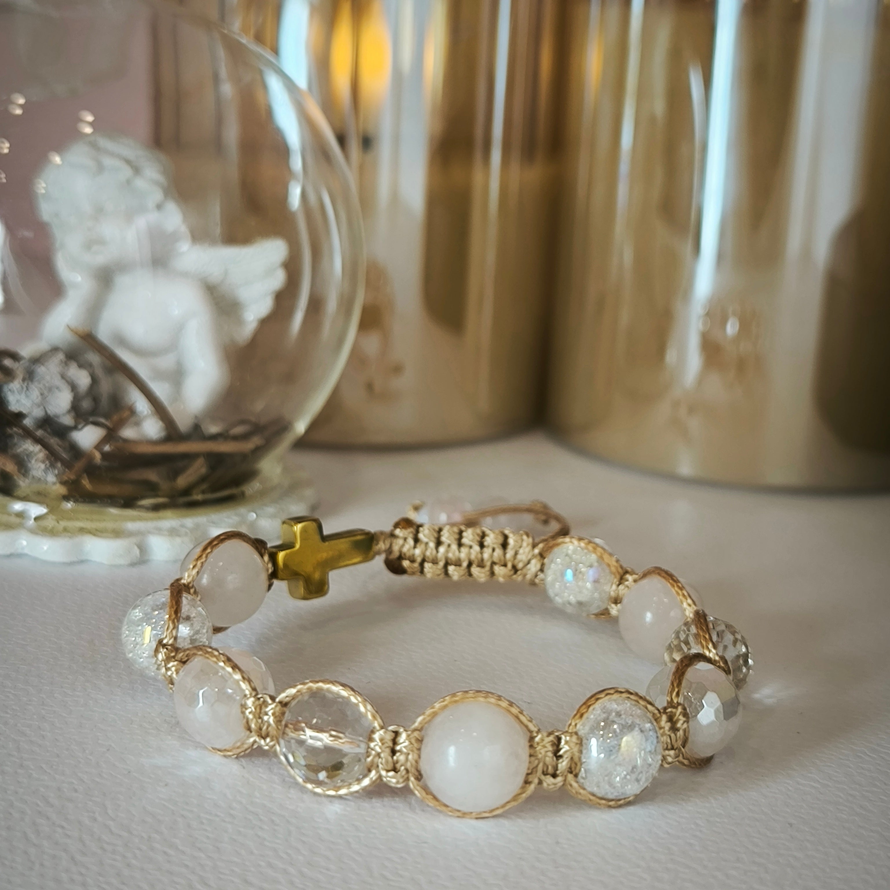 Women's rosary for the hand (Rose quartz, Crystal, Hematite)