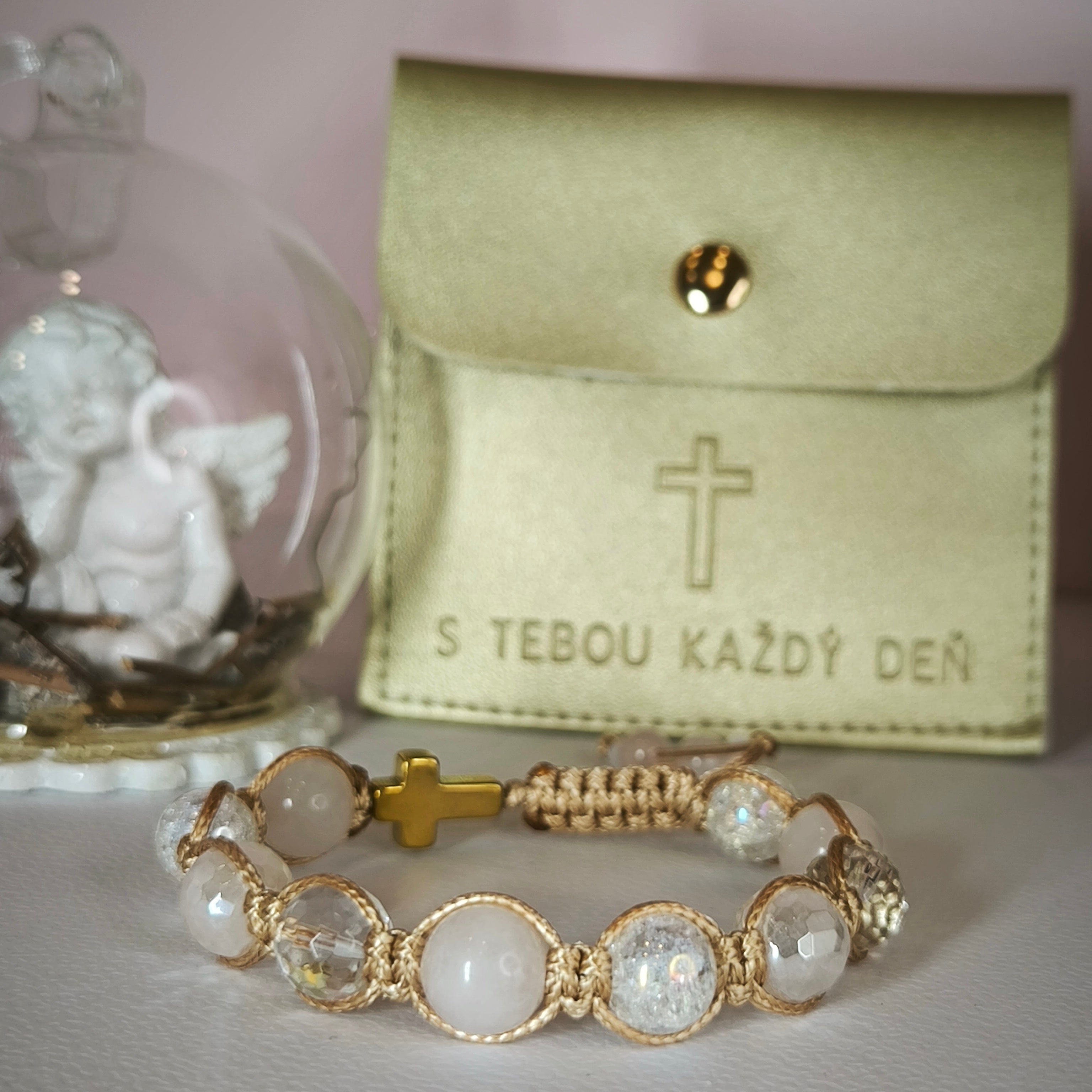 Women's rosary for the hand (Rose quartz, Crystal, Hematite)