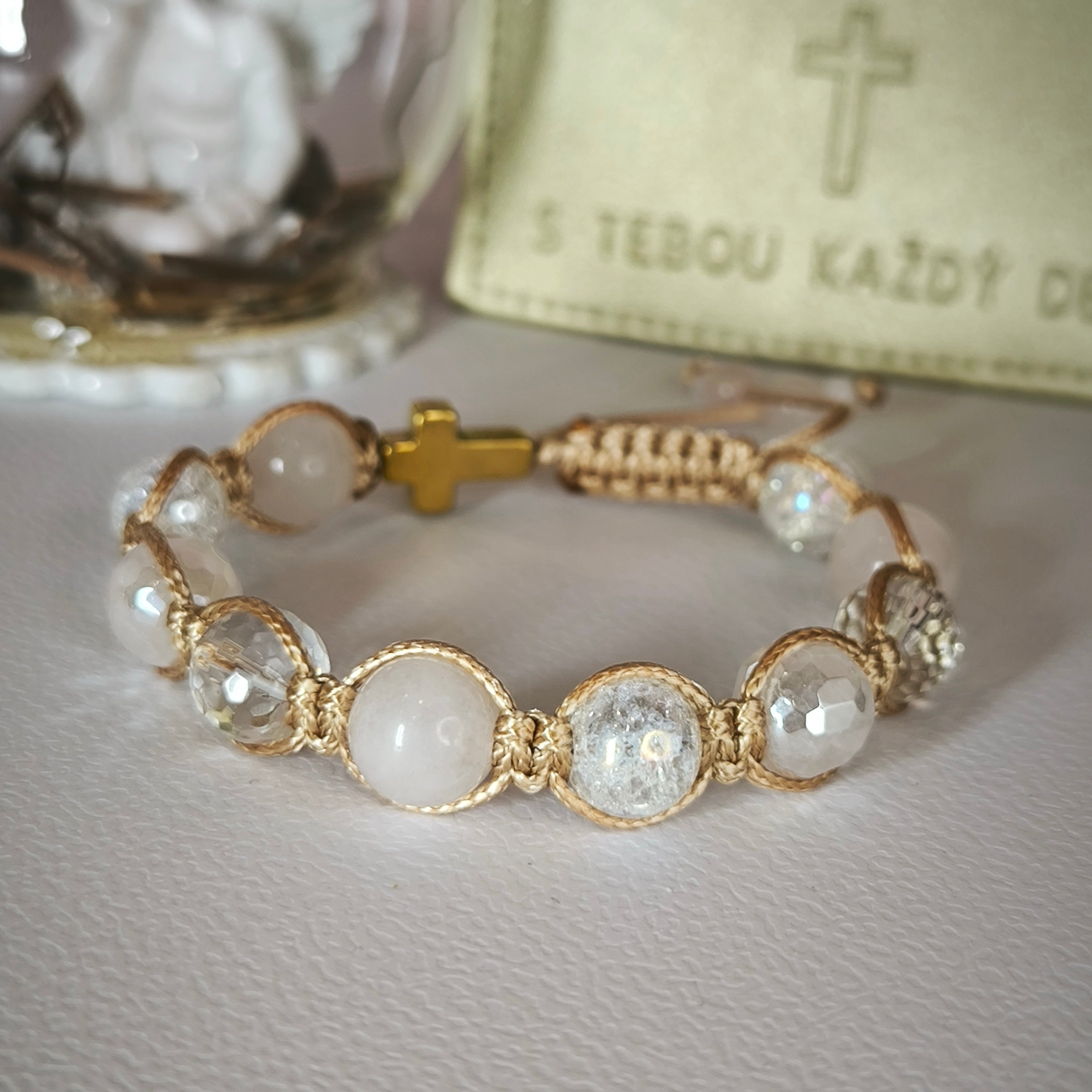 Women's rosary for the hand (Rose quartz, Crystal, Hematite)