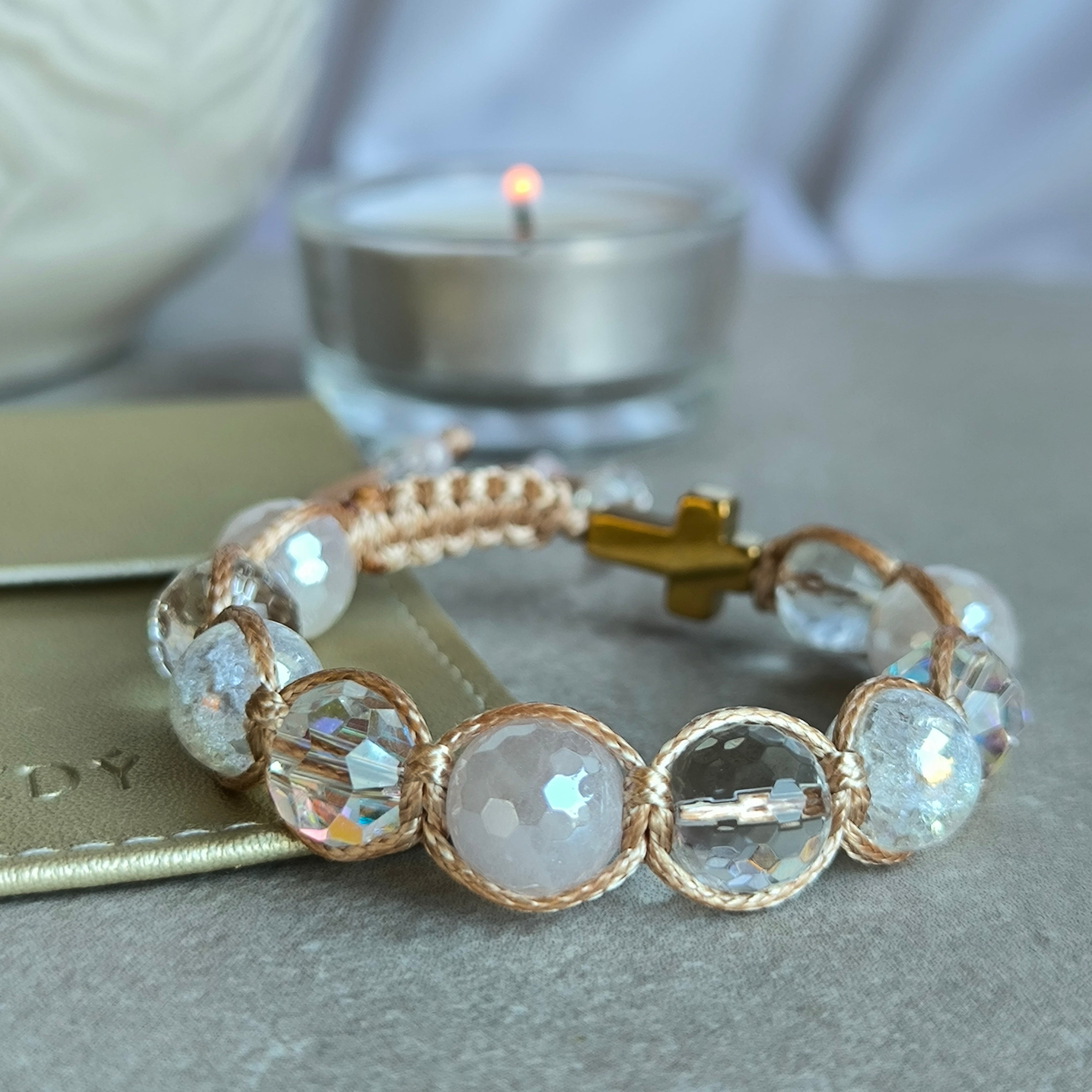 Różaniec dla dziewczynki (kwarc różowy, kryształ, hematyt)