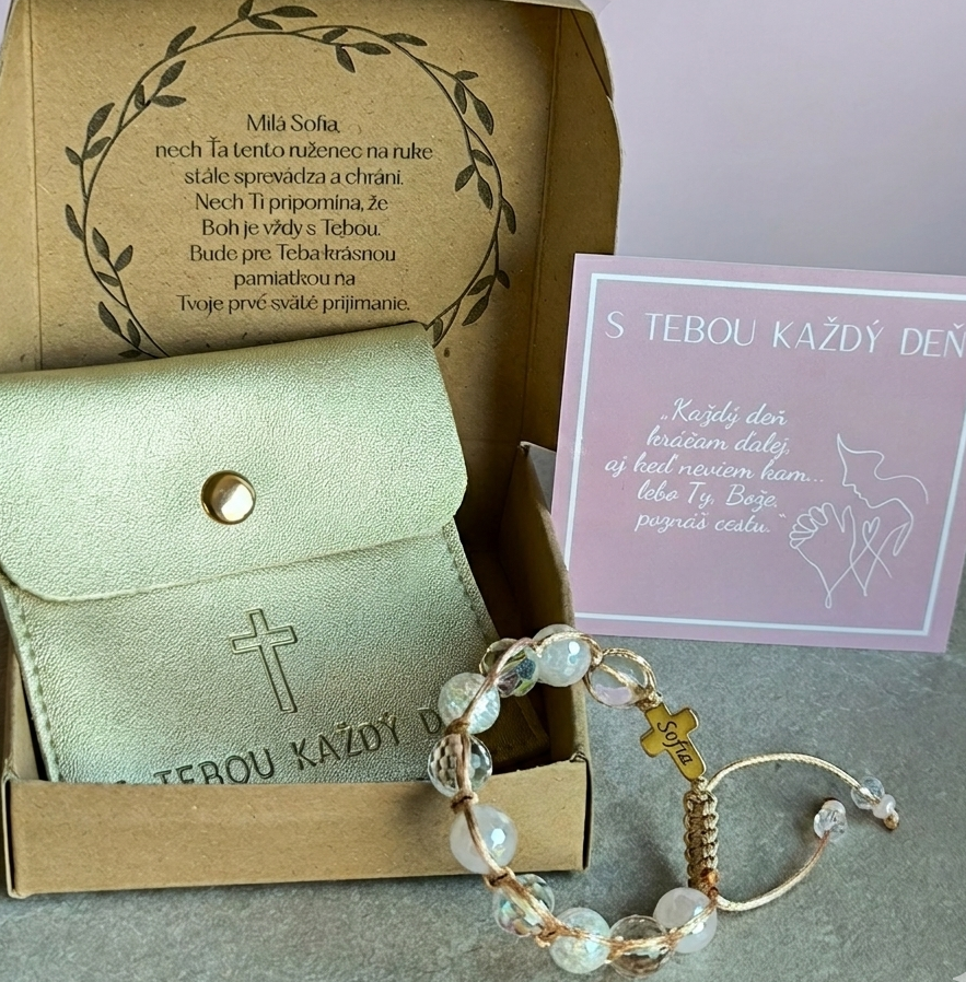 Różaniec dla dziewczynki (kwarc różowy, kryształ, hematyt)