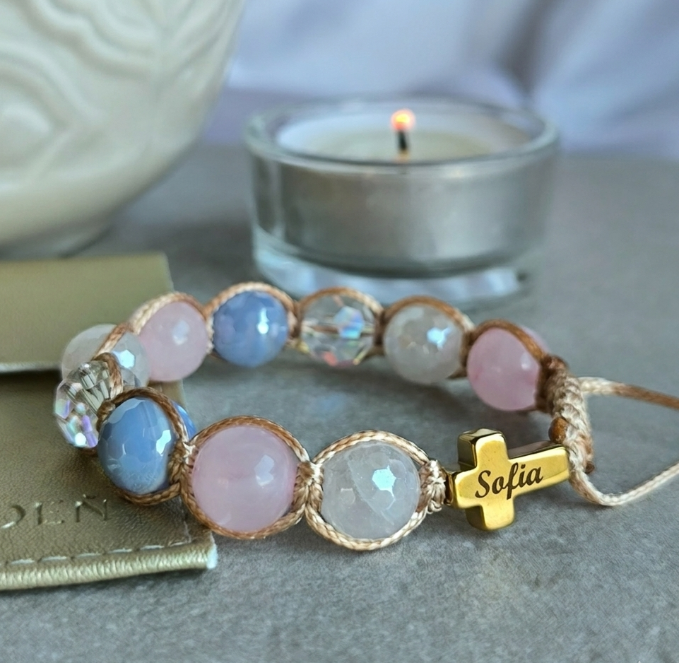 Różaniec dla dziewczynki (kwarc różowy, agat, hematyt)